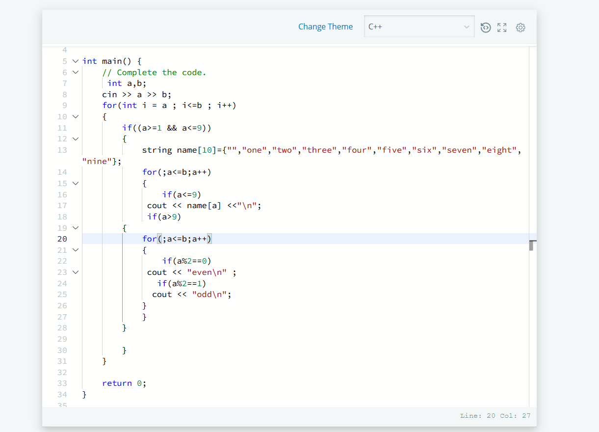 for loop in C++ Hackerrank Solution