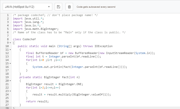 Small Factorials CodeChef Solution in Java